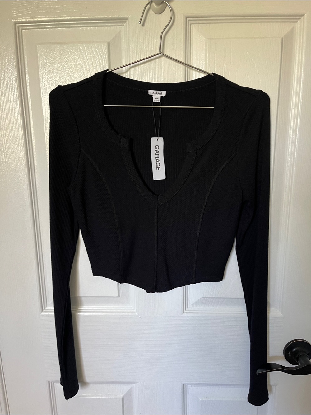 Garage Black Ribbed Long-Sleeve Cropped Top